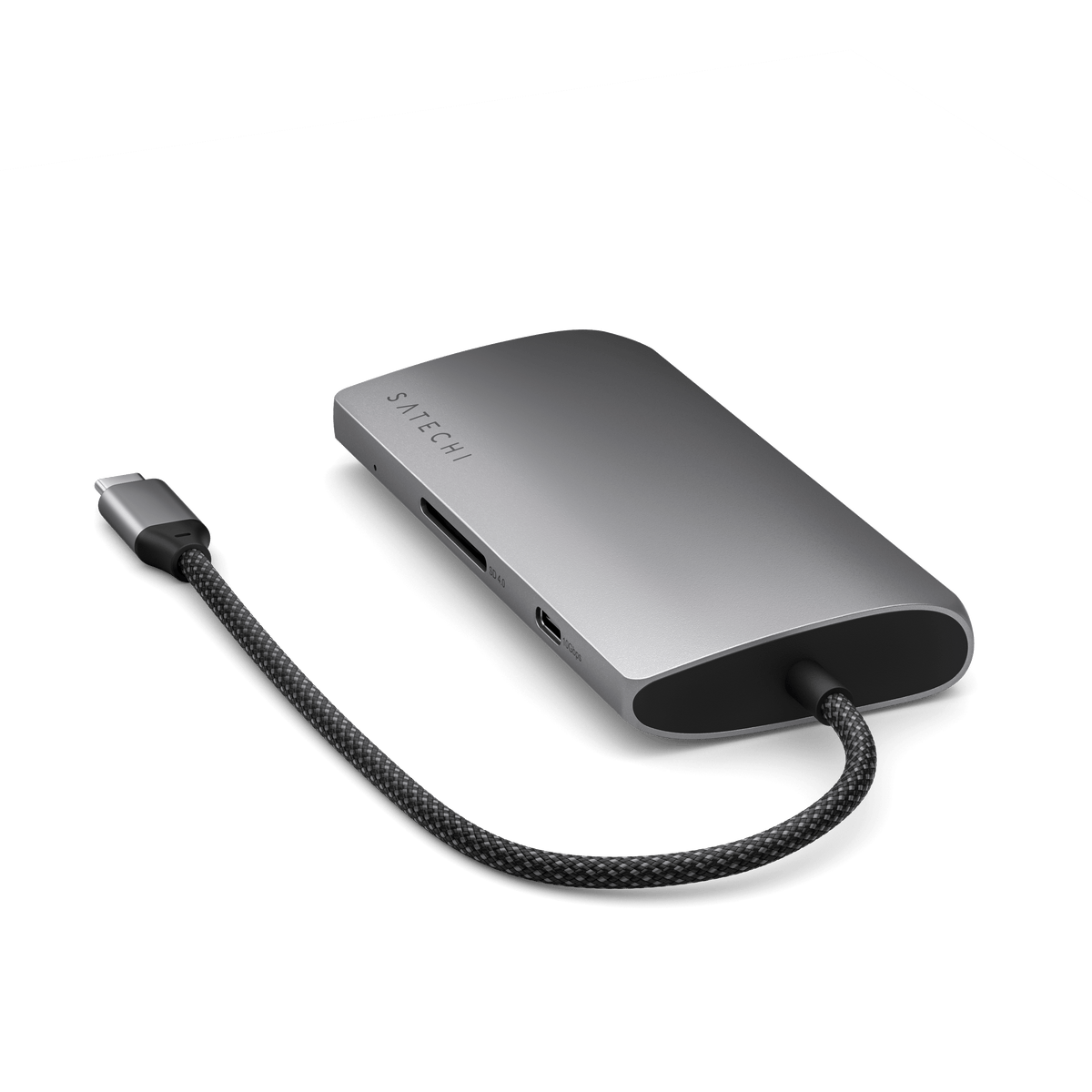 USB-C Multiport Adapter 8K With Ethernet V3 in Space Gray, top view with braided cable