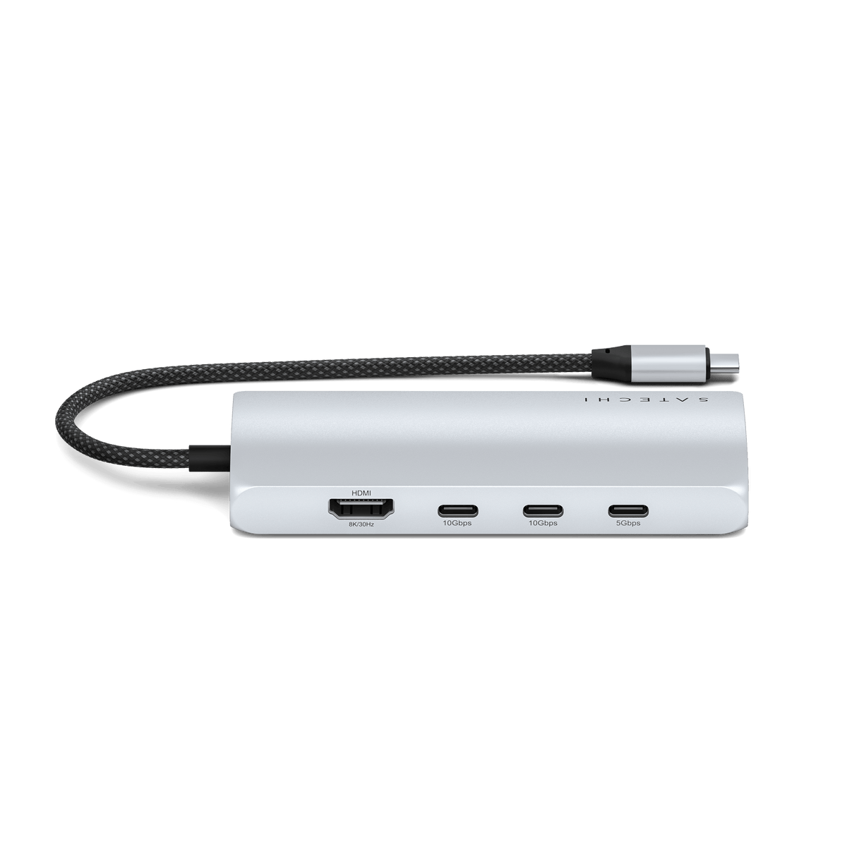 USB-C Multiport Adapter 8K With Ethernet V3 in Silver, side view showing HDMI and three USB-C ports