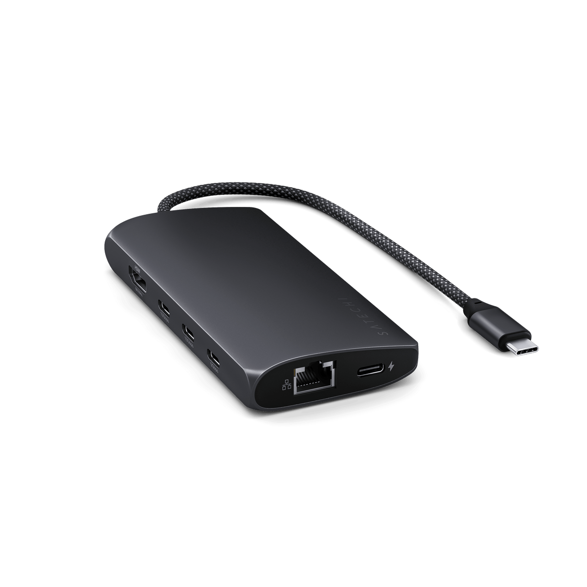 USB-C Multiport Adapter 8K With Ethernet V3 in Midnight, angled view showing Ethernet port