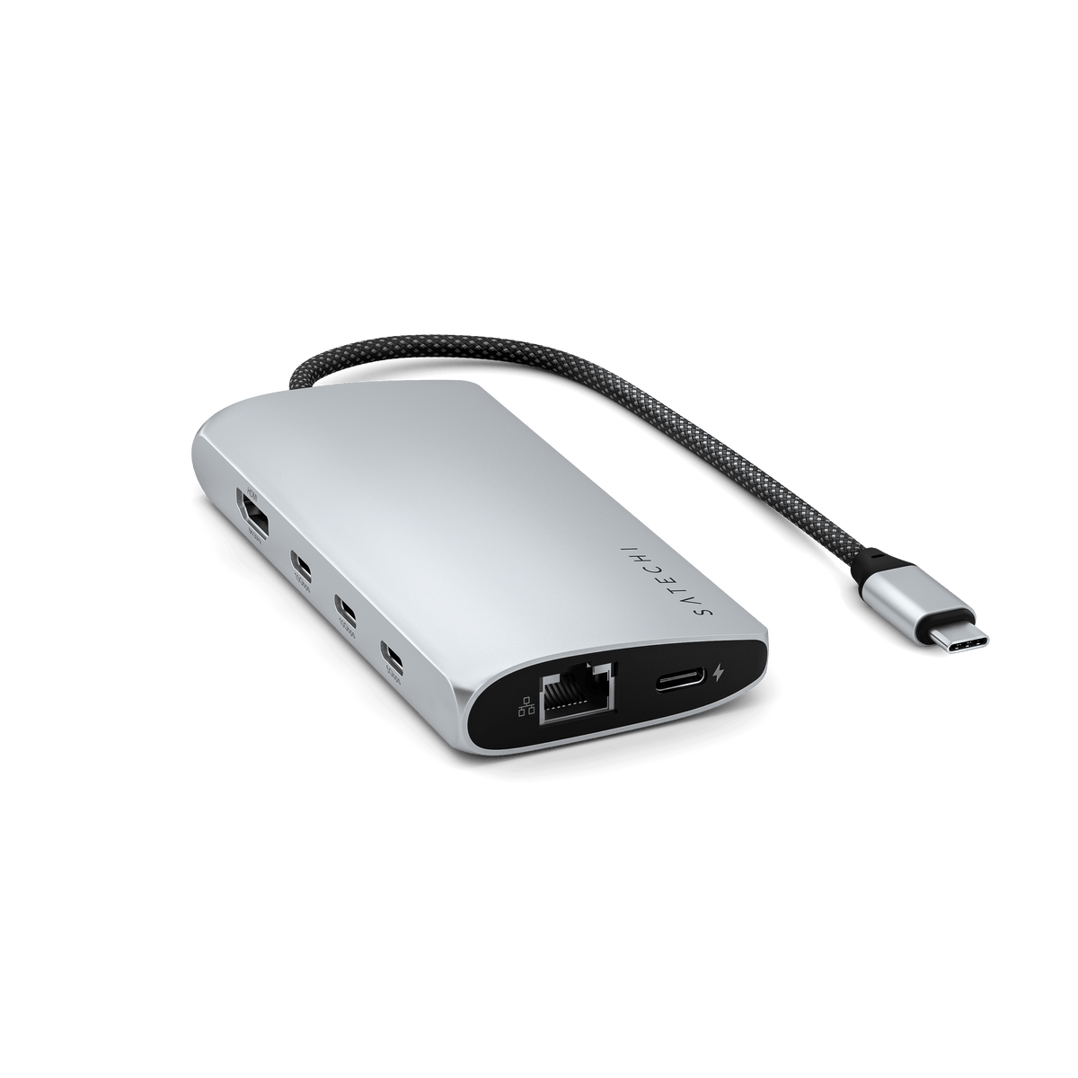 USB-C Multiport Adapter 8K With Ethernet V3 in Silver, angled view showing Ethernet port