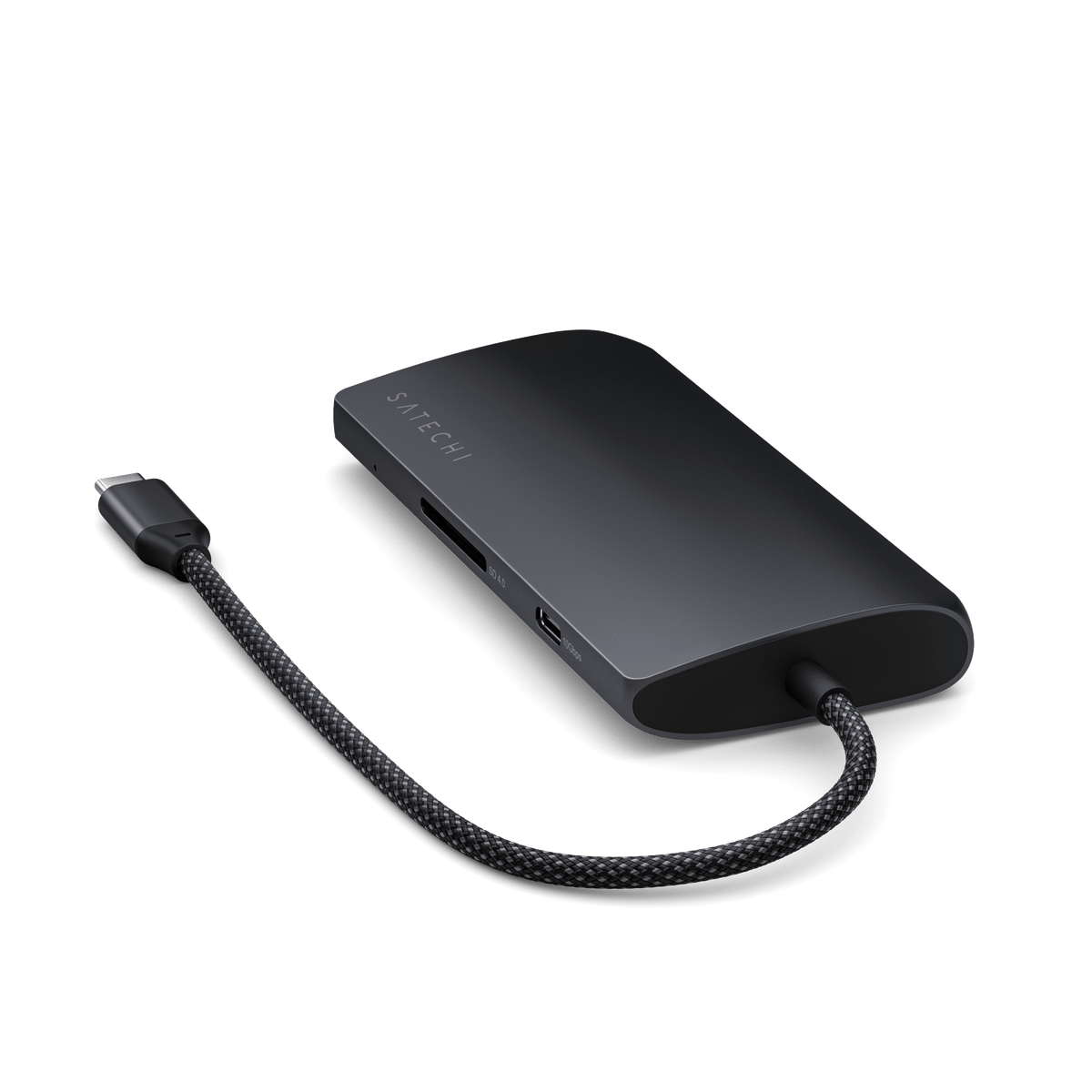 USB-C Multiport Adapter 8K With Ethernet V3 in Midnight, top view with braided cable
