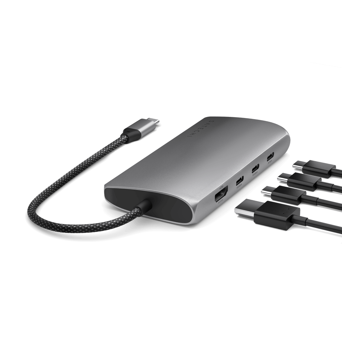USB-C Multiport Adapter 8K With Ethernet V3 in Space Gray with HDMI and USB-C cables plugged in