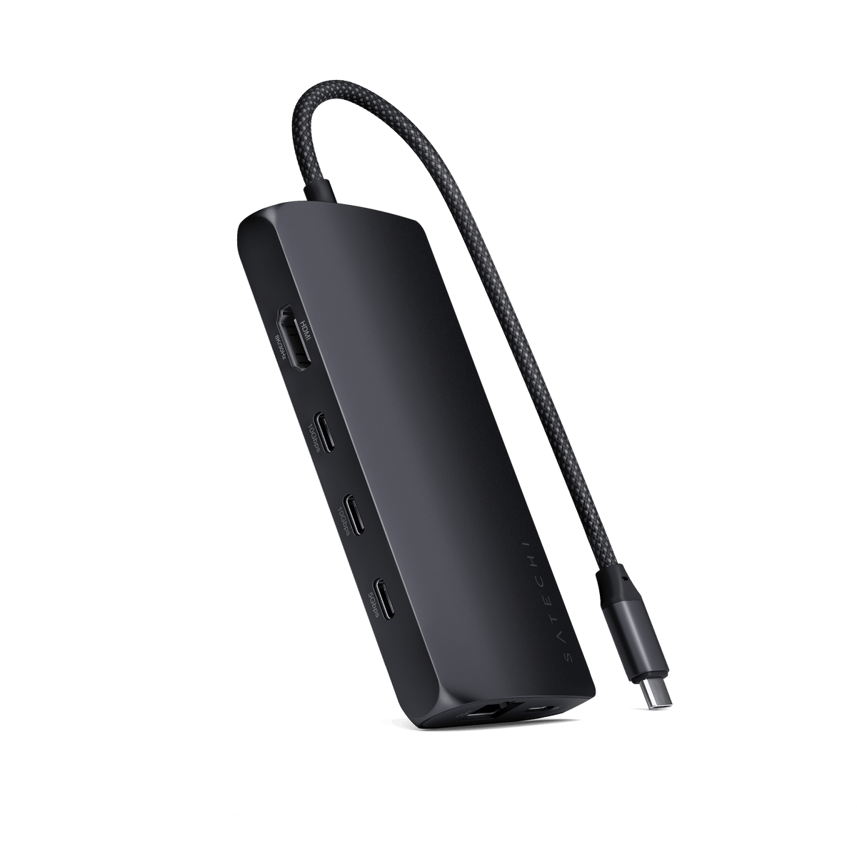 Satechi USB-C Multiport Adapter 8K With Ethernet V3 in Midnight, angled view of the ports