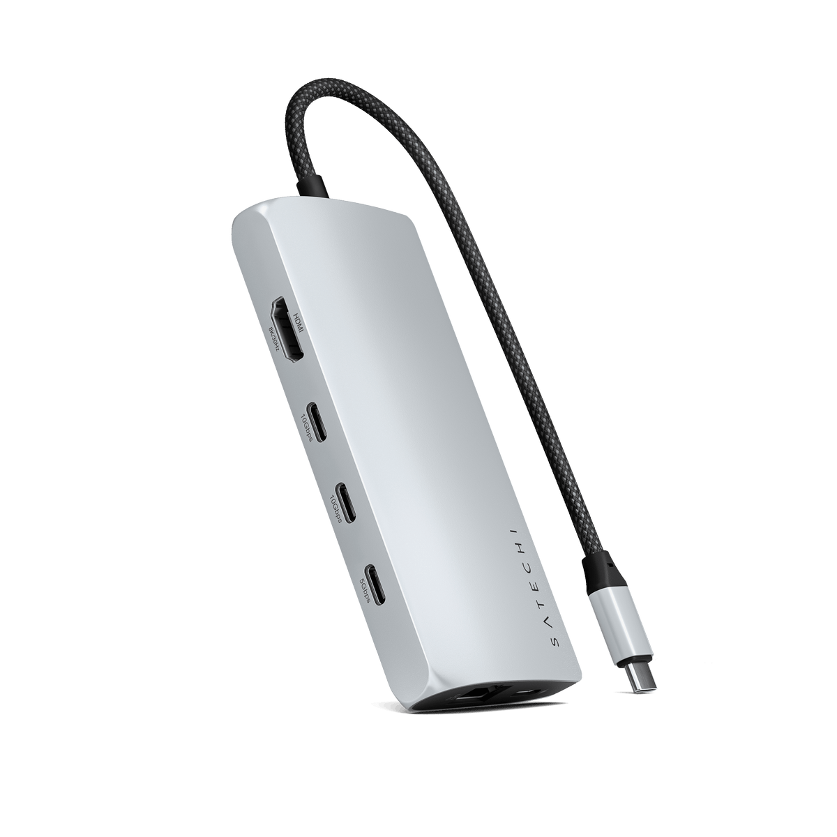 Satechi USB-C Multiport Adapter 8K With Ethernet V3 in Silver, angled view of the ports