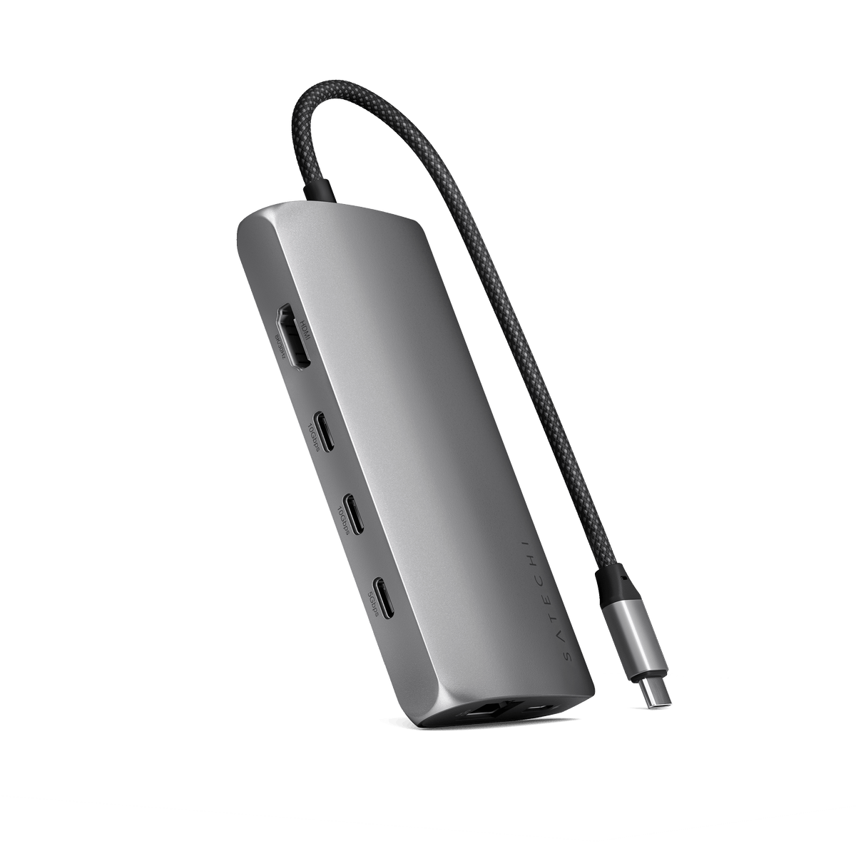 Satechi USB-C Multiport Adapter 8K With Ethernet V3 in Space Gray, angled view of the ports