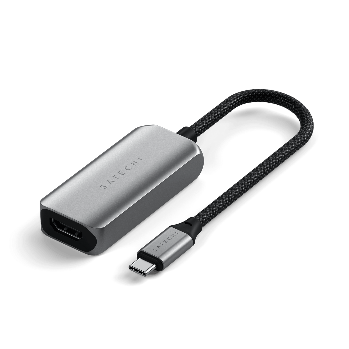 Satechi USB-C to HDMI 2.1 8K Adapter, angled view with braided cable