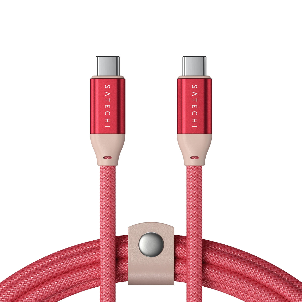 Satechi USB-C to USB-C Data and Charge Cable in Coral Pink, connectors with cable strap