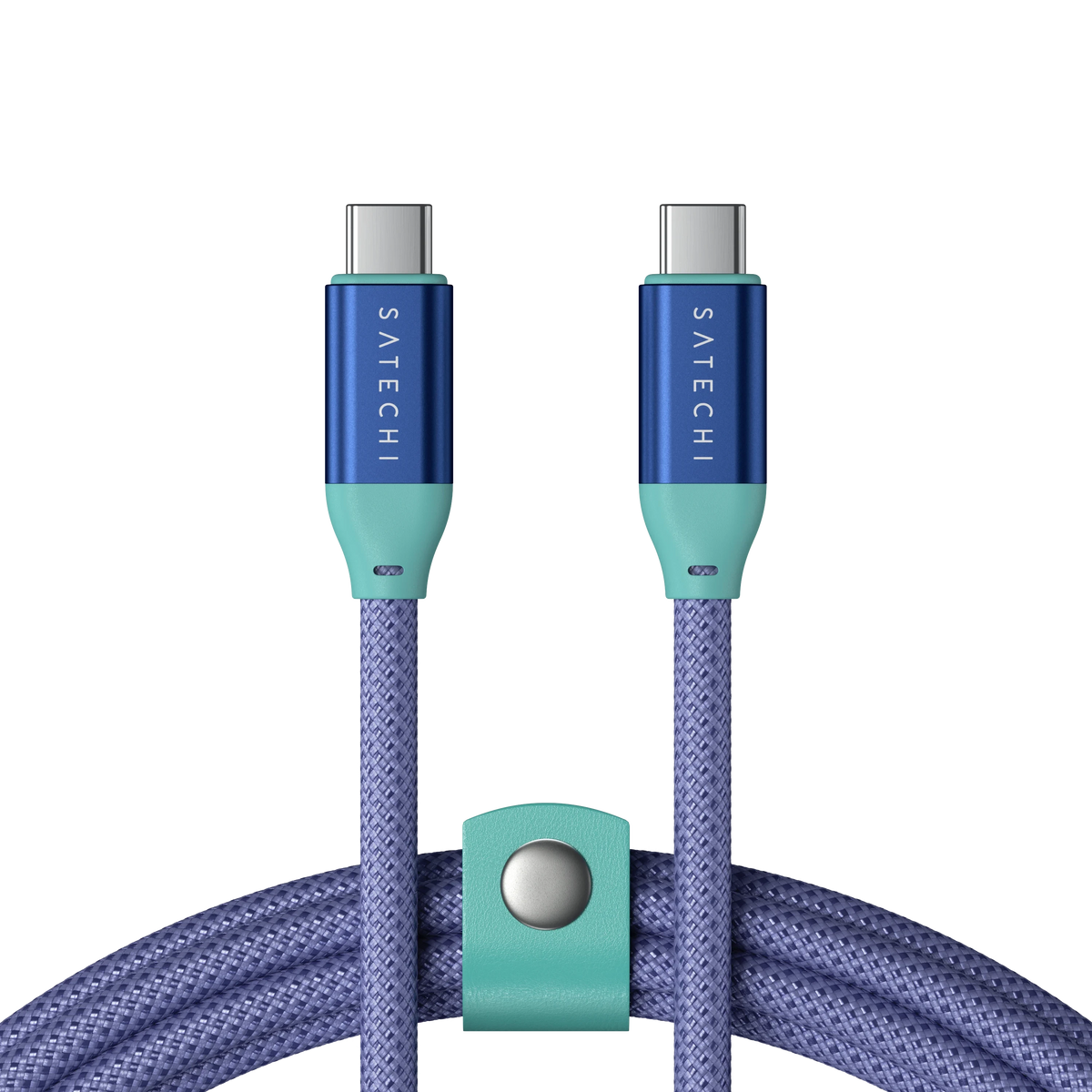Satechi USB-C to USB-C Data and Charge Cable in Purple Aquatic Awe, connectors with teal cable strap