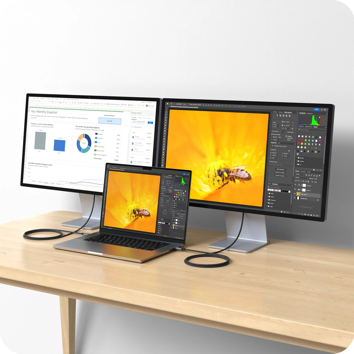 USB4 Pro Cable 1.2m connecting a laptop to two monitors on a wooden desk