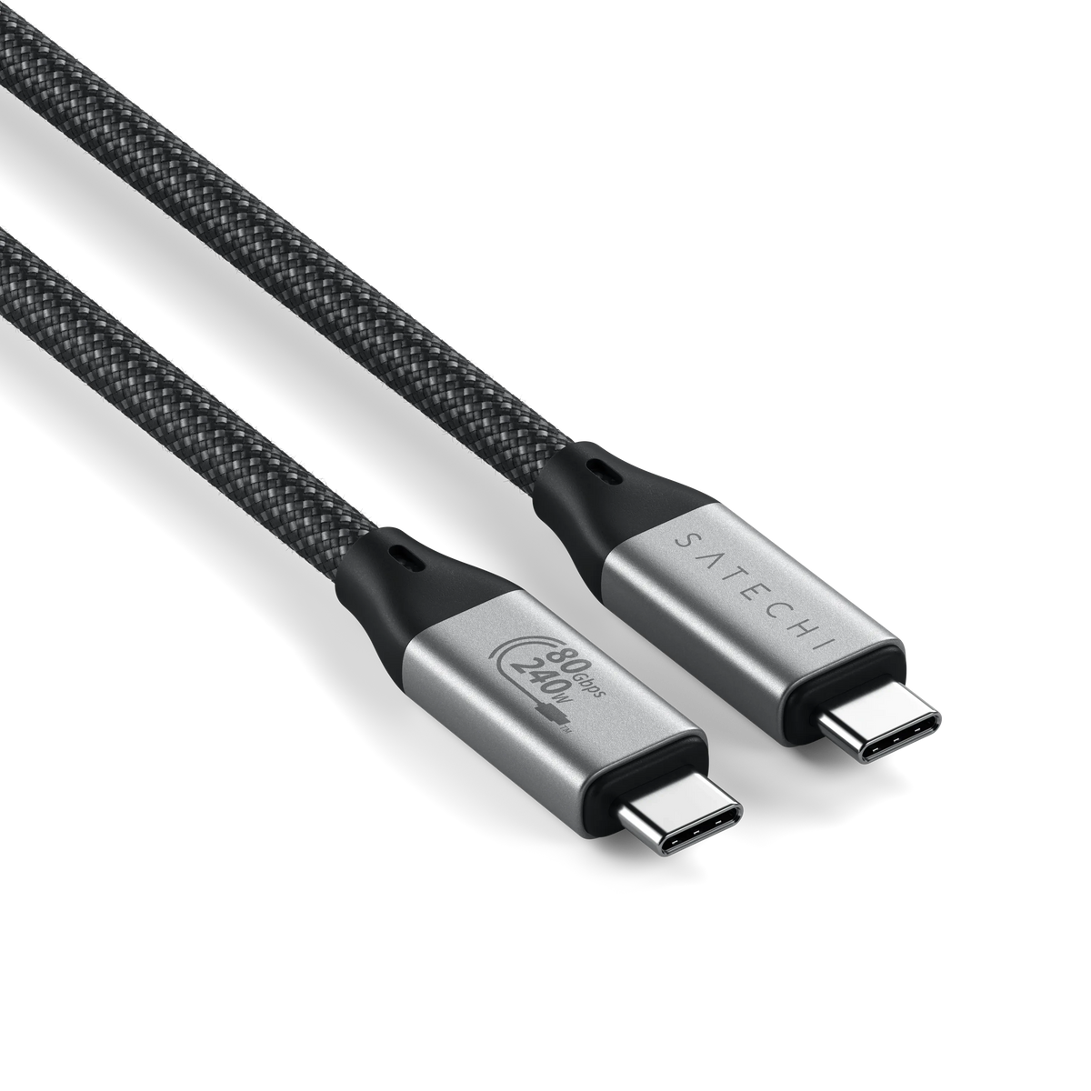 Satechi USB4 V2 Pro Cable connectors, close up, showing 80Gbps and 240W labels