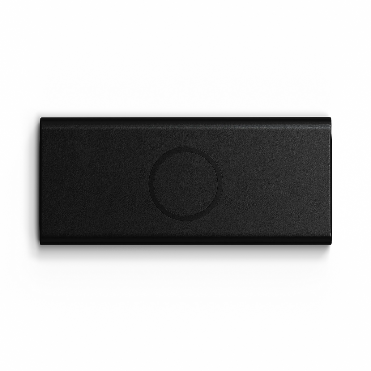 Vegan-Leather FindAll Glasses Case in Black, flat, back view with tracker ring