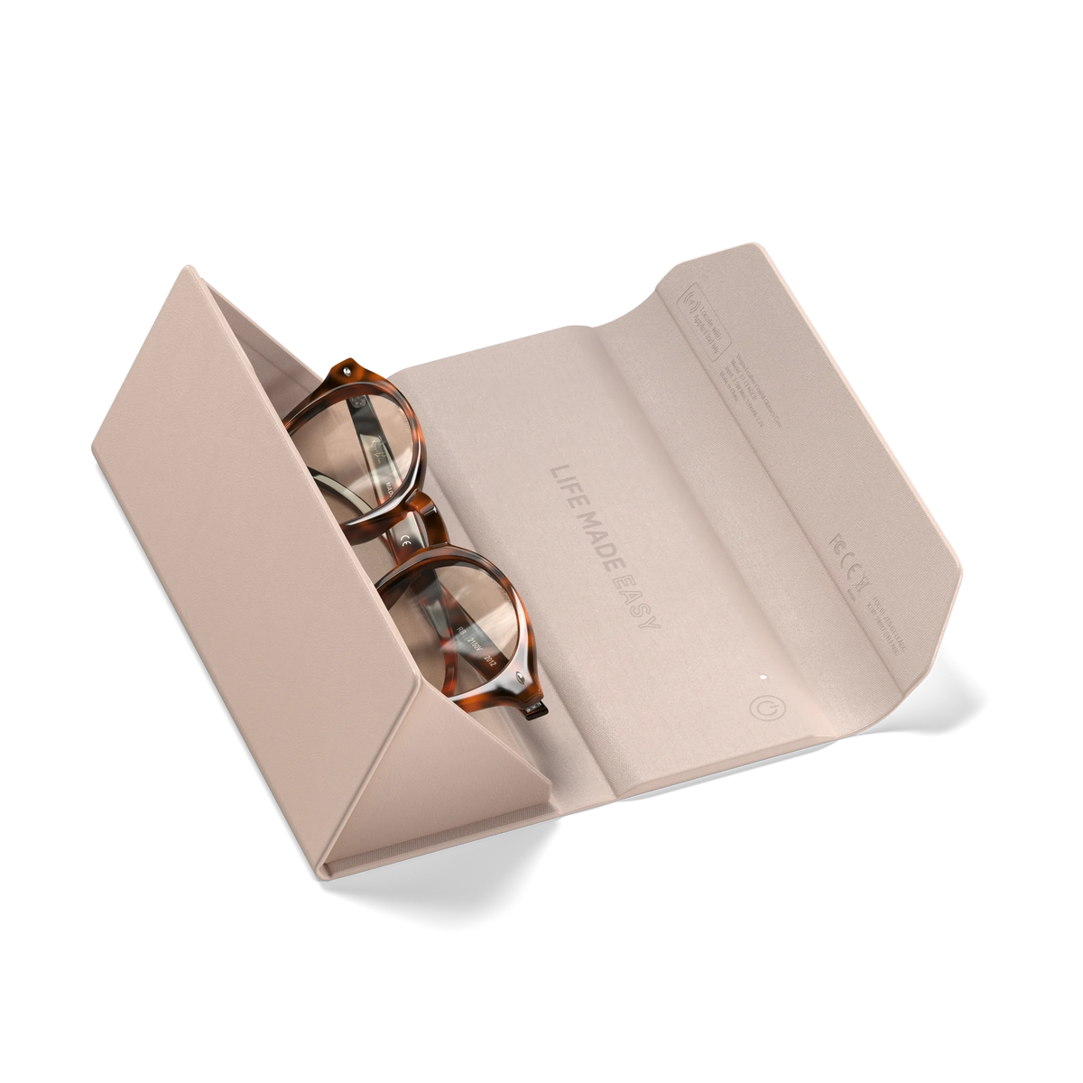 Vegan-Leather FindAll Glasses Case in Desert Rose, open with eyeglasses inside
