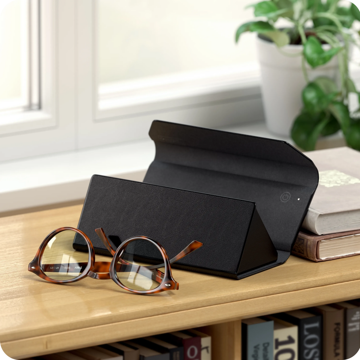 Vegan-Leather FindAll Glasses Case in Black on a shelf with eyeglasses and books