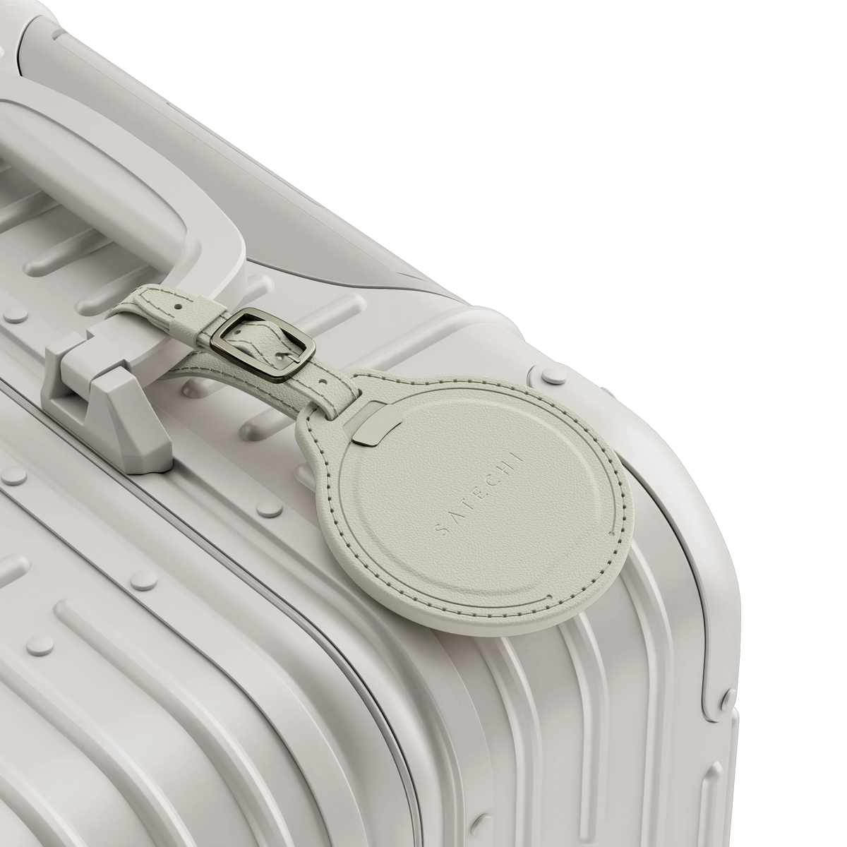 Vegan-Leather FindAll Luggage Tag in Sand attached to a suitcase handle