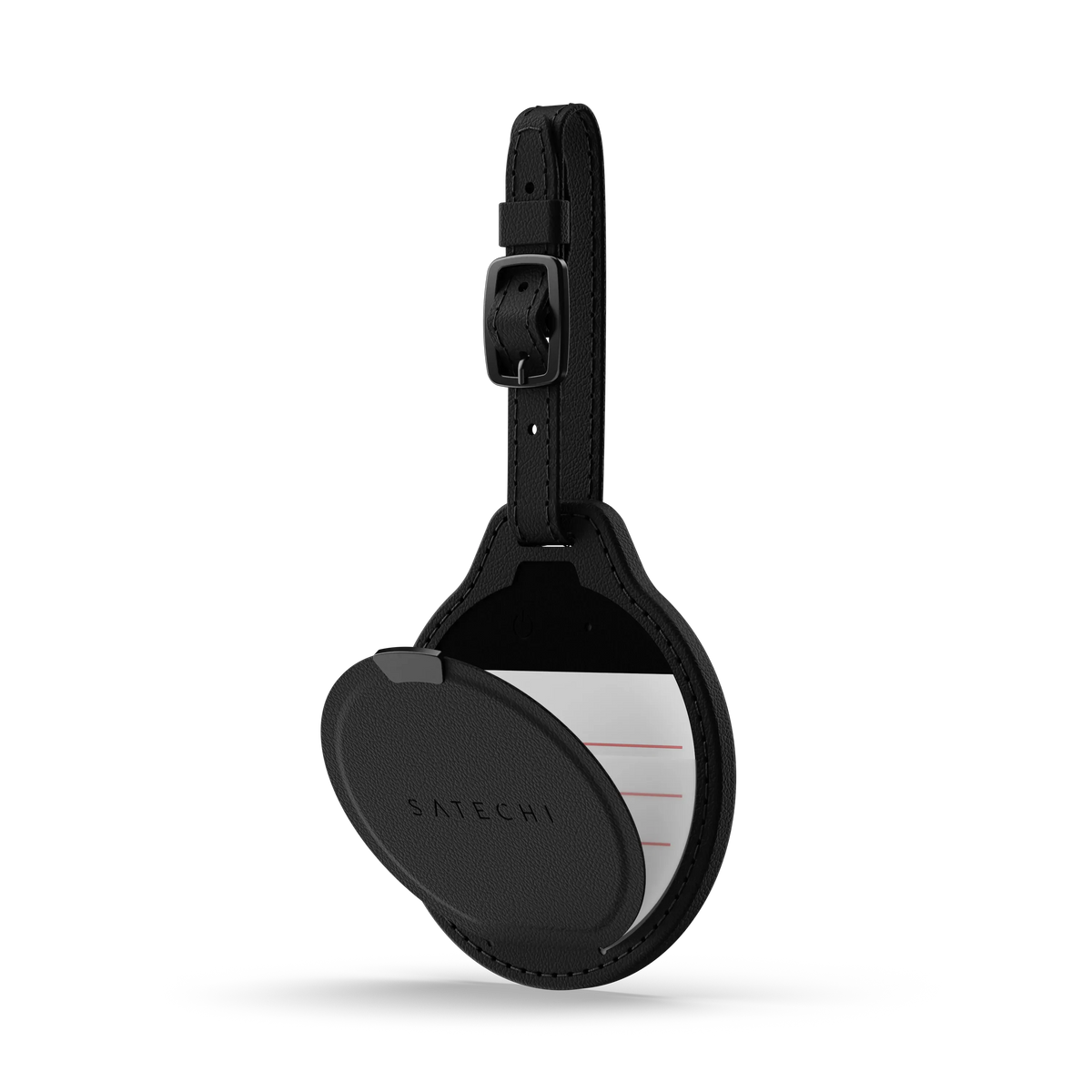 Vegan-Leather FindAll Luggage Tag in Black, flap opened to show the ID card