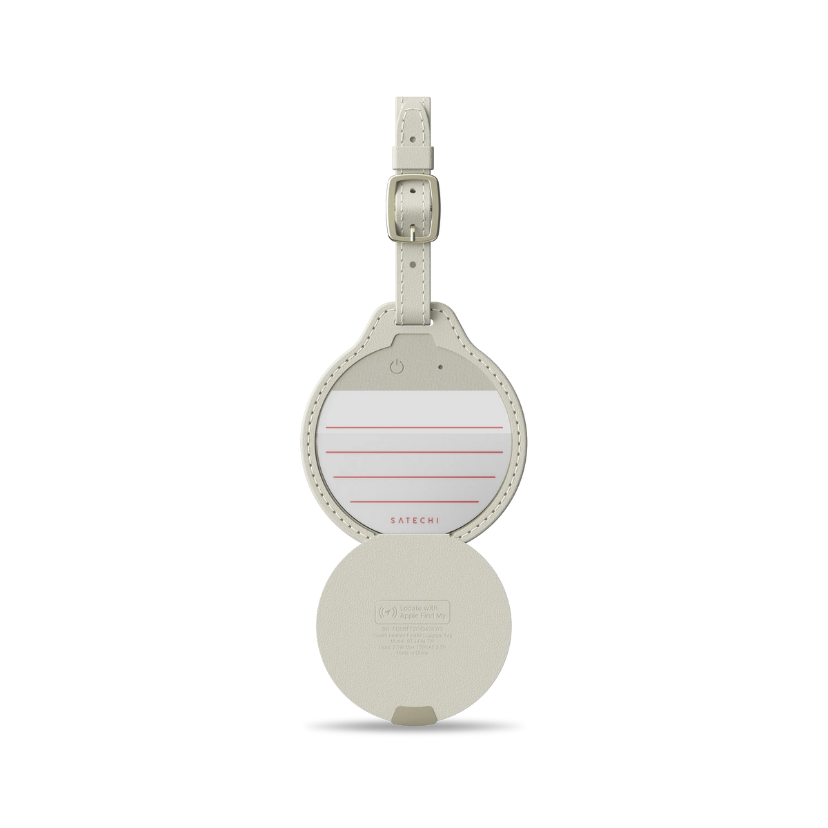 Vegan-Leather FindAll Luggage Tag in Sand, fully open with ID card and tracker lid