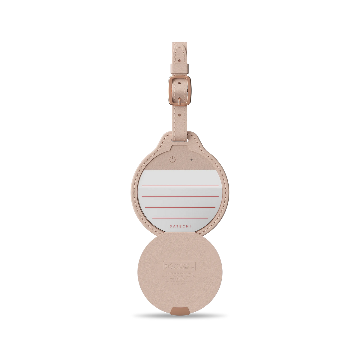 Vegan-Leather FindAll Luggage Tag in Desert Rose, fully open with ID card and tracker lid
