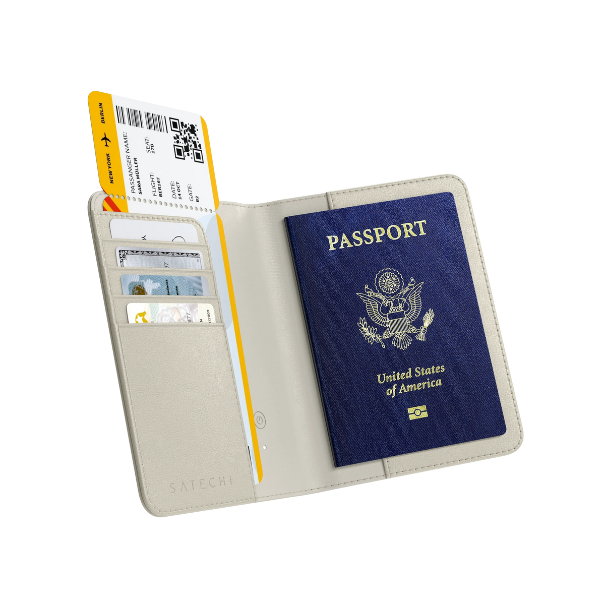 Satechi Vegan-Leather FindAll Passport Cover in Sand, open with a US passport, boarding pass and cards