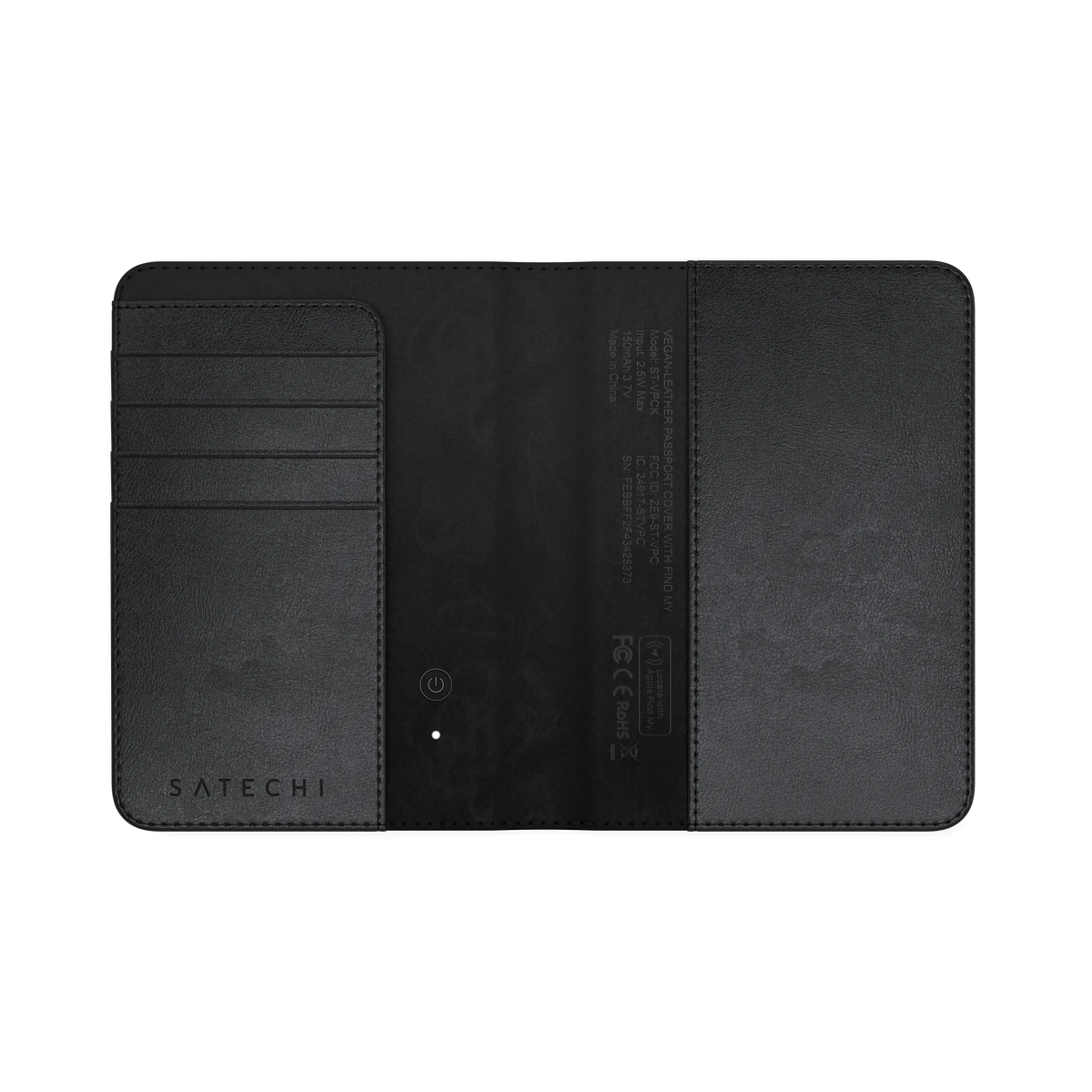 Vegan-Leather FindAll Passport Cover in Black, open and empty, inside view