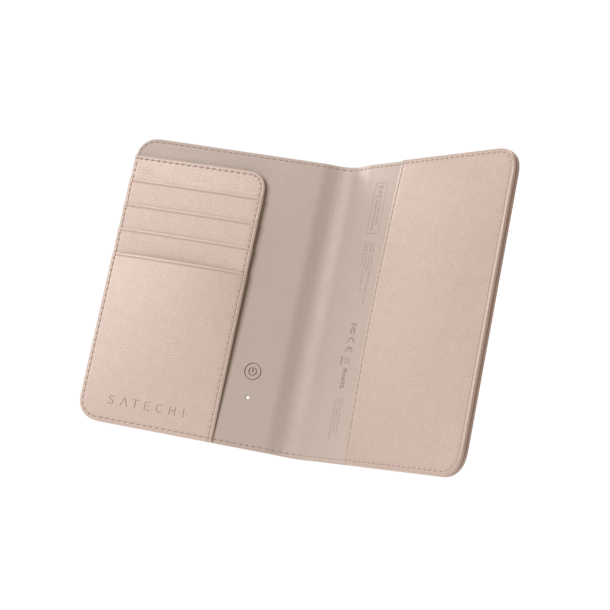 Vegan-Leather FindAll Passport Cover in Desert Rose, open and empty, angled view