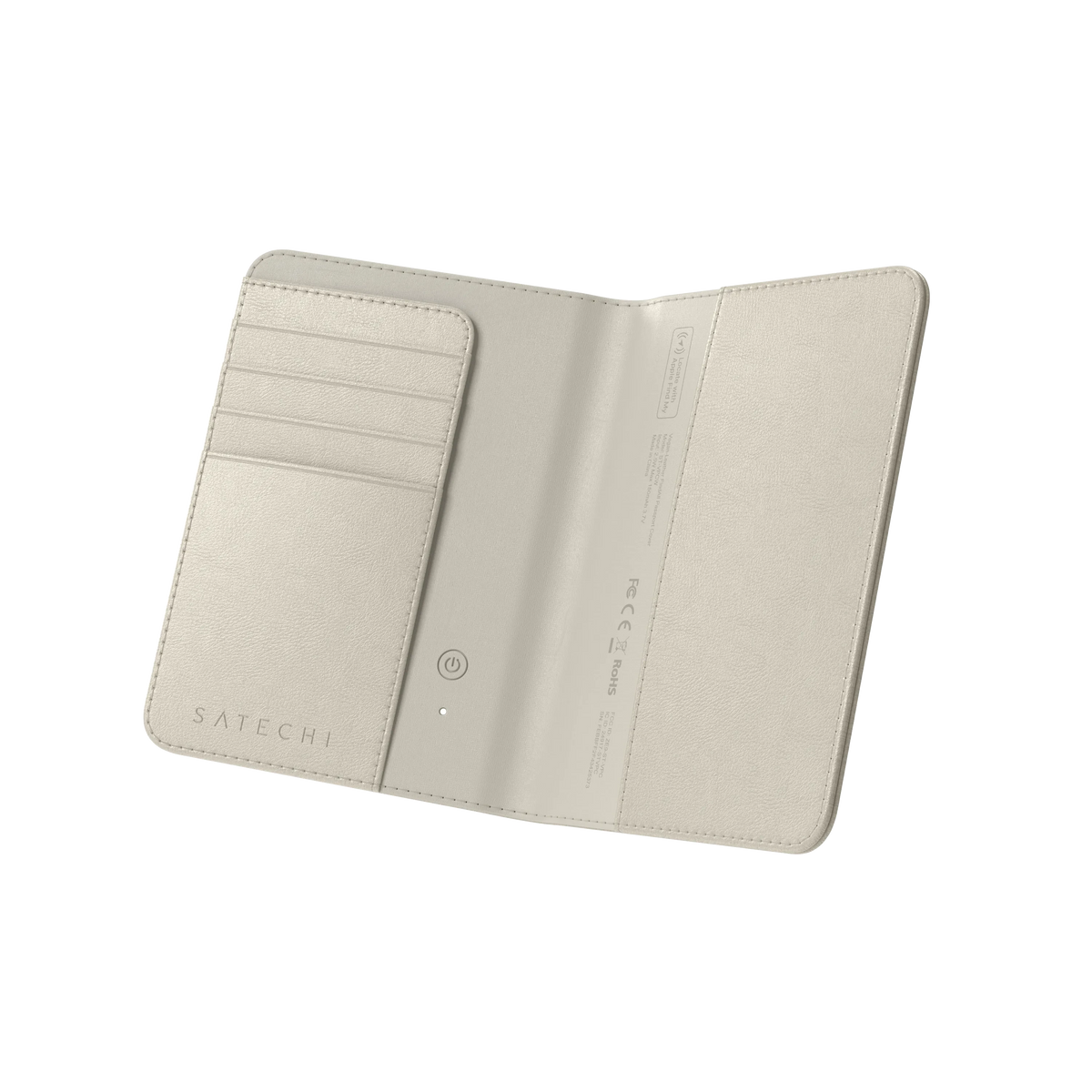 Vegan-Leather FindAll Passport Cover in Sand, open and empty, angled view