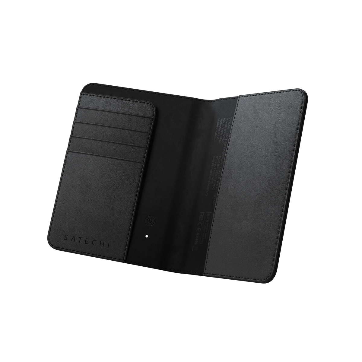 Vegan-Leather FindAll Passport Cover in Black, open and empty, angled view