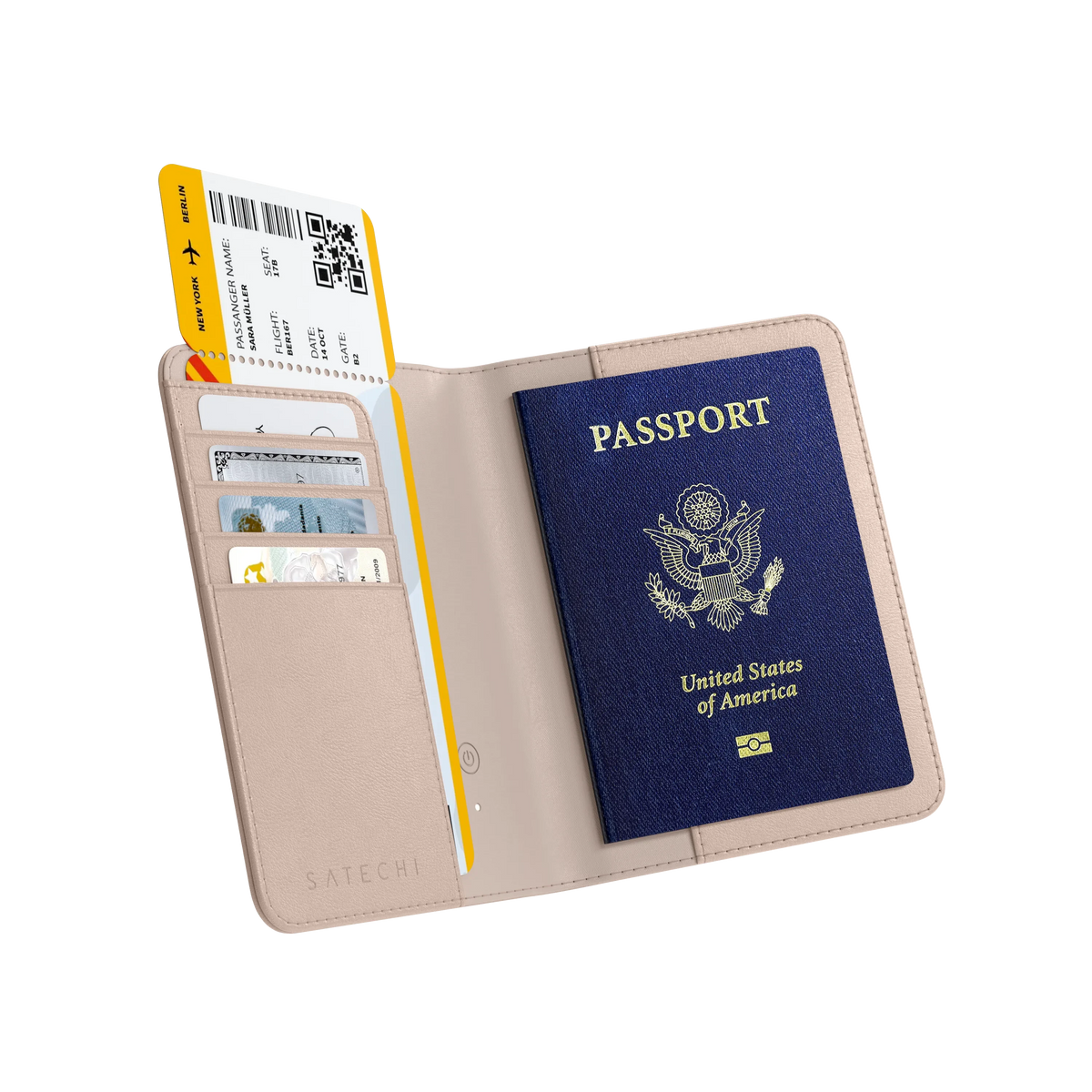 Satechi Vegan-Leather FindAll Passport Cover in Desert Rose, open with a US passport, boarding pass and cards
