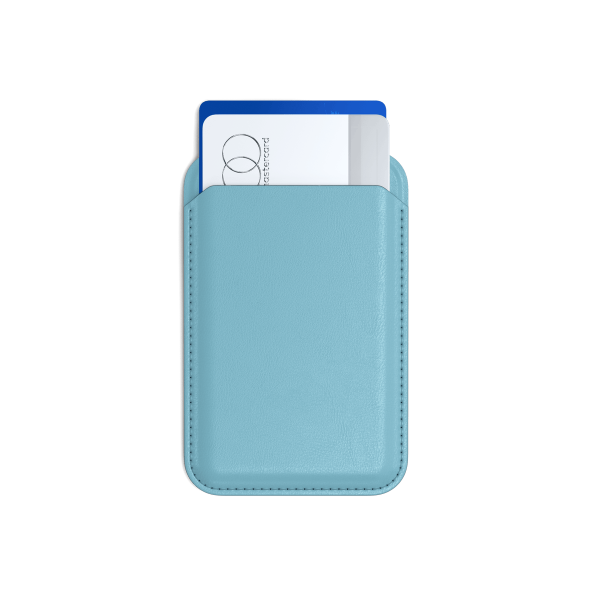 Vegan-Leather Magnetic Wallet Stand in Light Blue, front view with cards inside