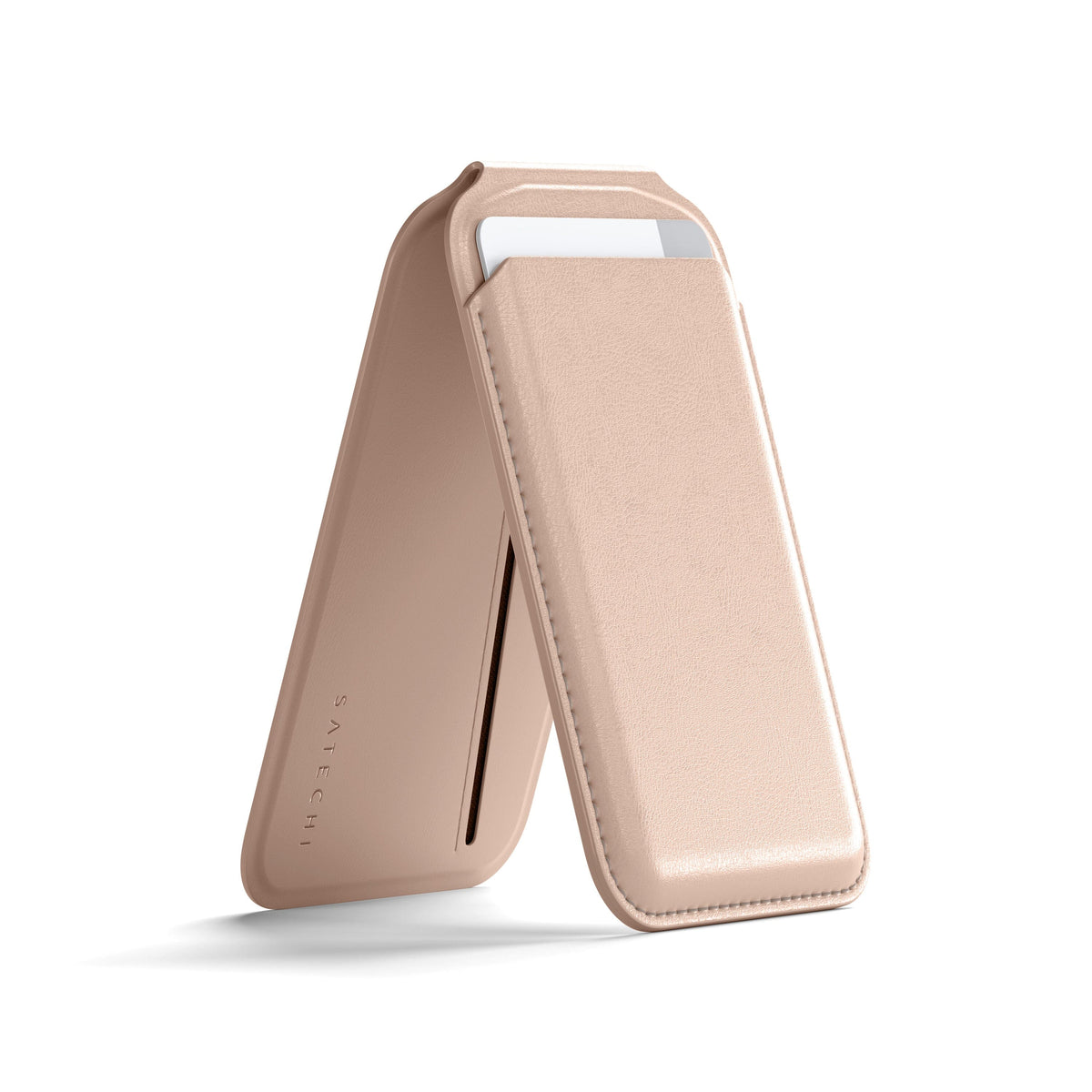 Satechi Vegan-Leather Magnetic Wallet Stand in Desert Rose, kickstand open