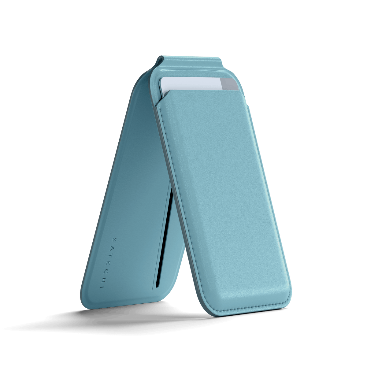 Satechi Vegan-Leather Magnetic Wallet Stand in Light Blue, kickstand open