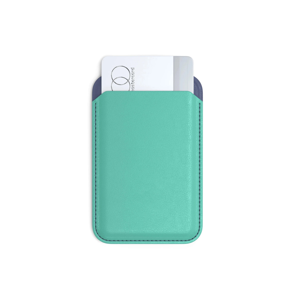 Vegan-Leather Magnetic Wallet Stand in Aqua and Purple, front view with cards inside