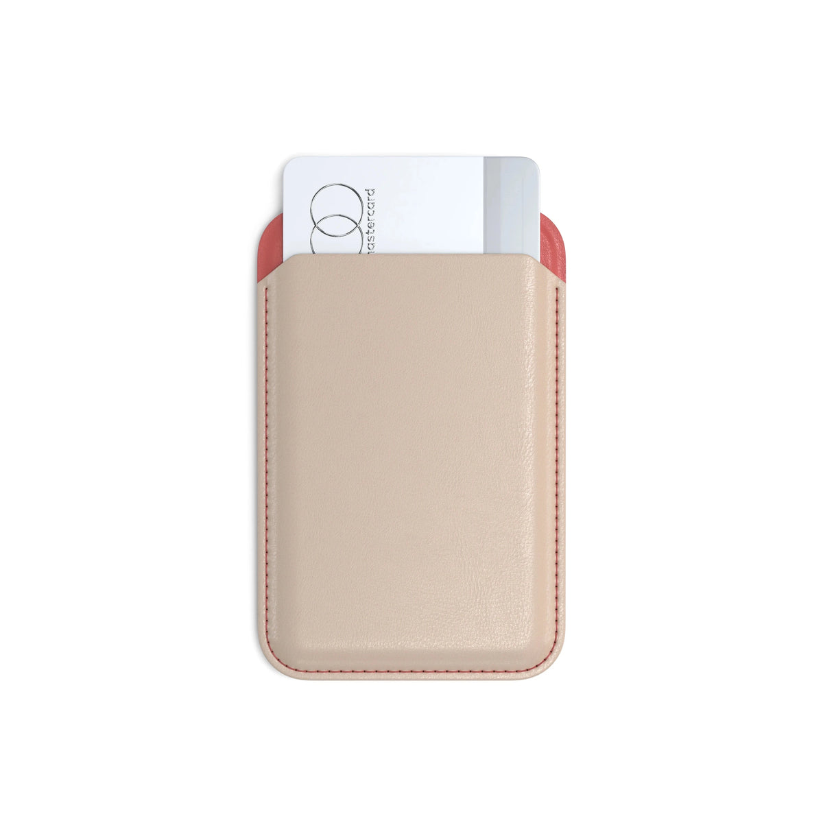 Vegan-Leather Magnetic Wallet Stand in Coral Pink and Taupe, front view with cards inside