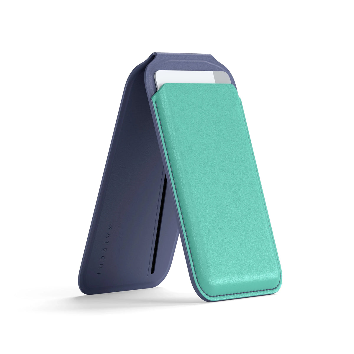 Satechi Vegan-Leather Magnetic Wallet Stand in Aqua and Purple, kickstand open