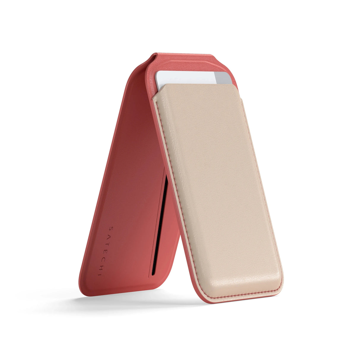 Satechi Vegan-Leather Magnetic Wallet Stand in Coral Pink and Taupe, kickstand open