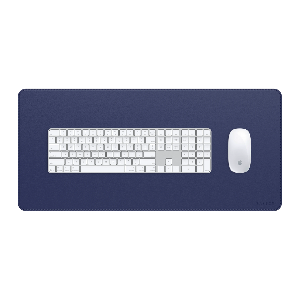 Satechi Vegan-Leather Premium Desk Mat in Future Dusk with a white keyboard and mouse, top view