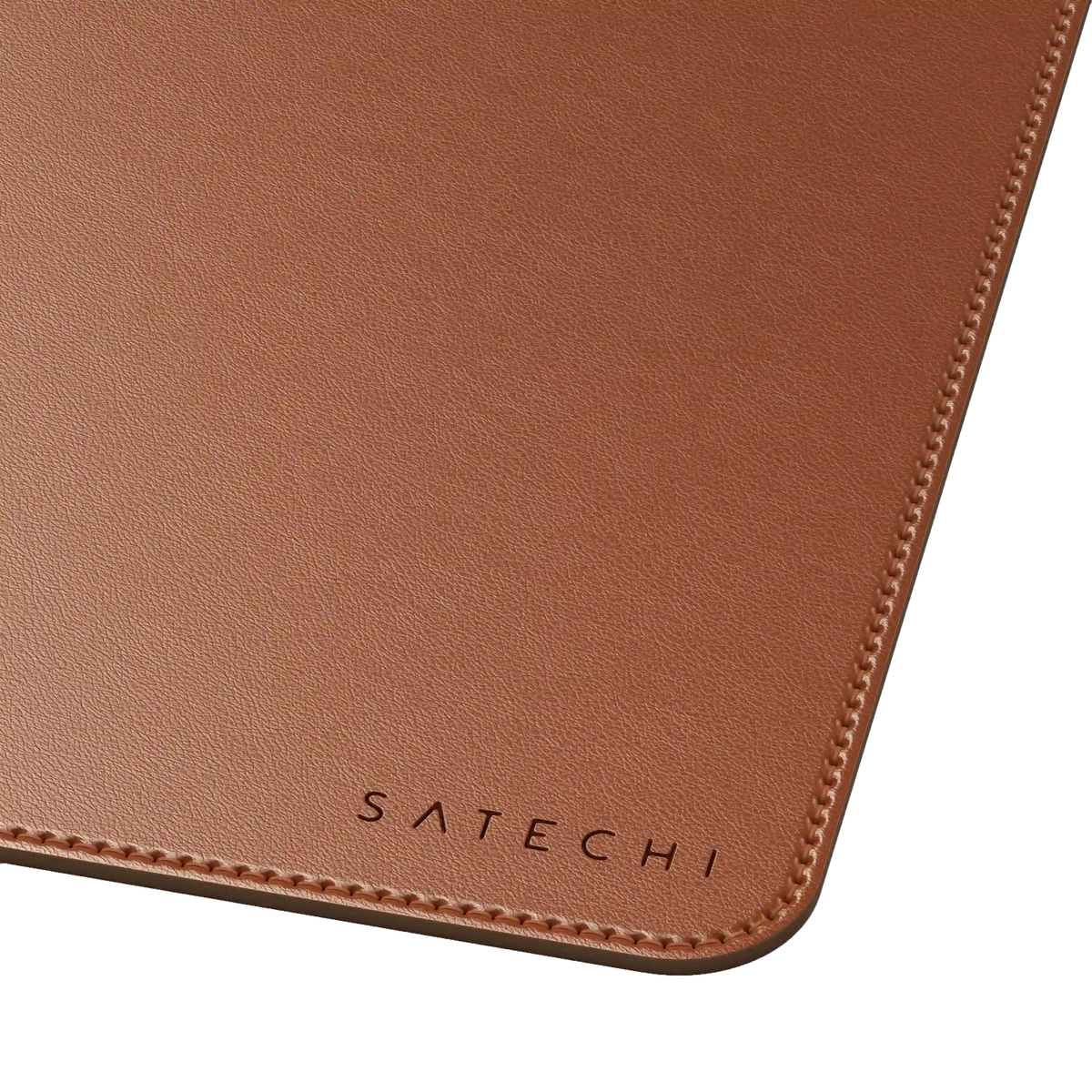 Vegan-Leather Premium Desk Mat in Brown, corner close up with Satechi logo