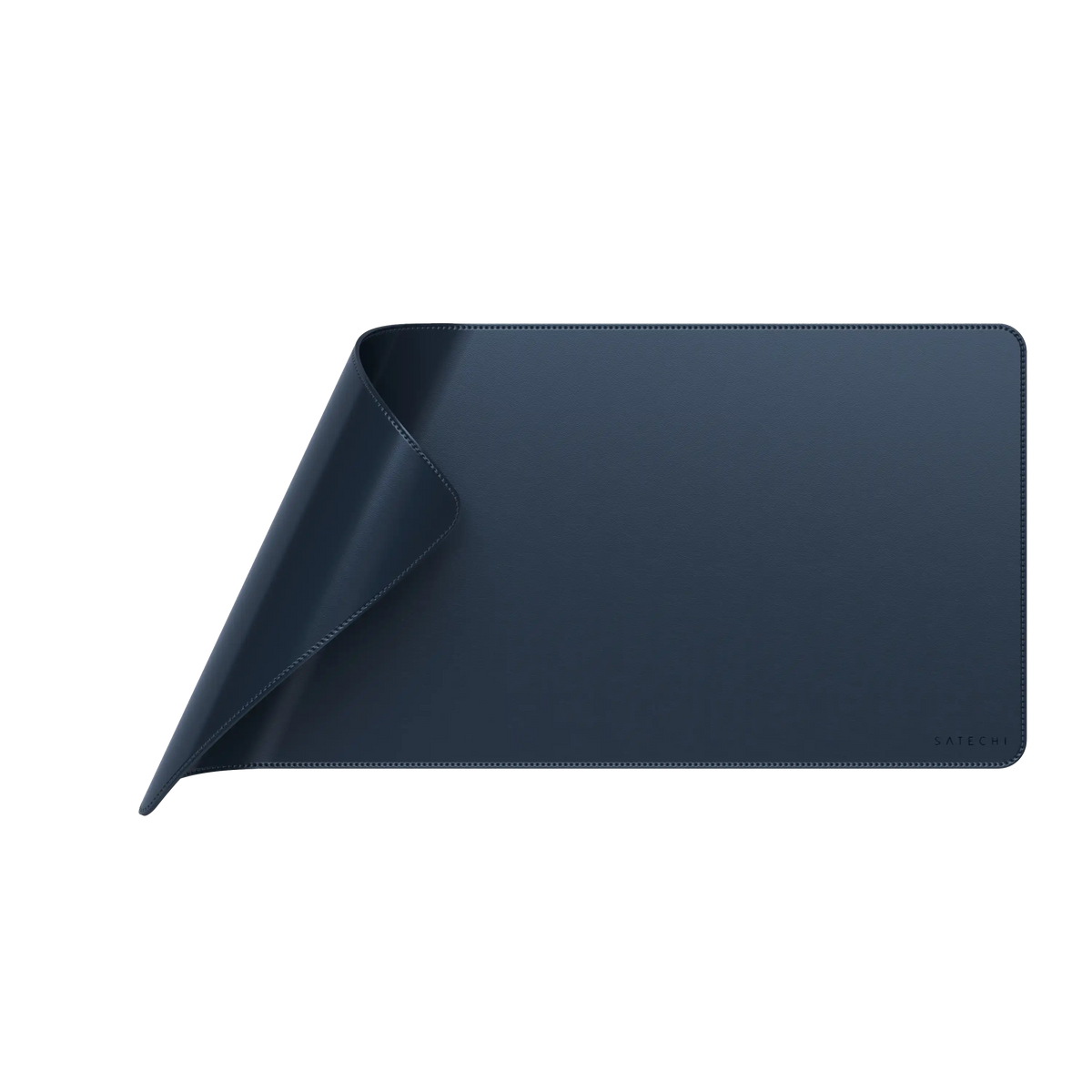 Vegan-Leather Premium Desk Mat in Blue with corner curled up