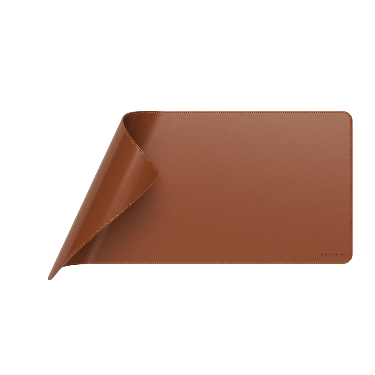 Vegan-Leather Premium Desk Mat in Brown with corner curled up
