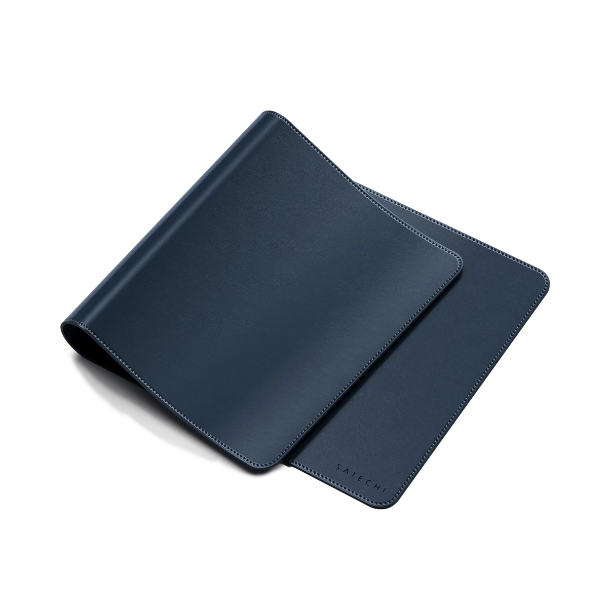 Vegan-Leather Premium Desk Mat in Blue, folded to show flexibility