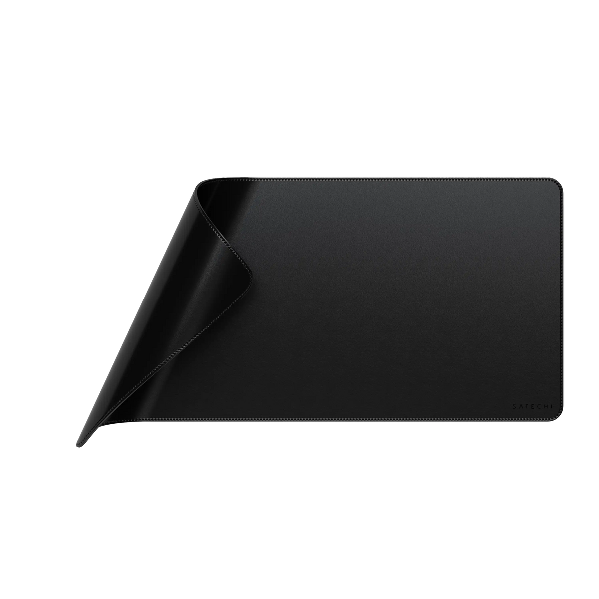 Vegan-Leather Premium Desk Mat in Black with corner curled up