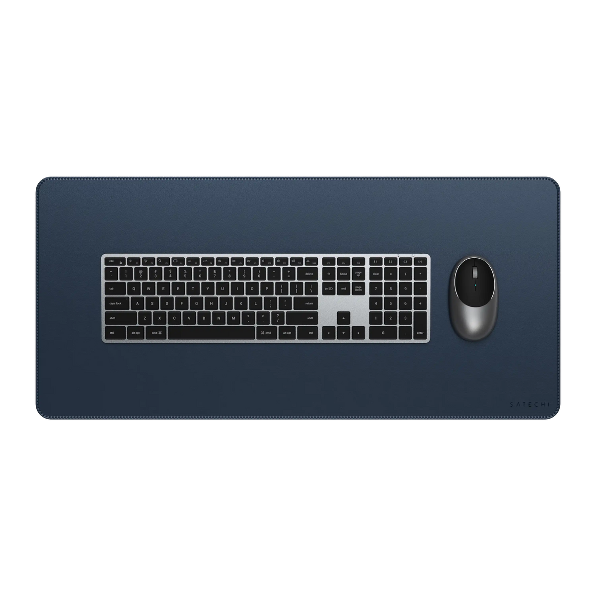 Satechi Vegan-Leather Premium Desk Mat in Blue with a keyboard and mouse, top view