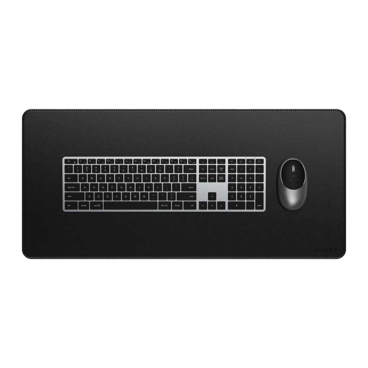 Satechi Vegan-Leather Premium Desk Mat in Black with a keyboard and mouse, top view