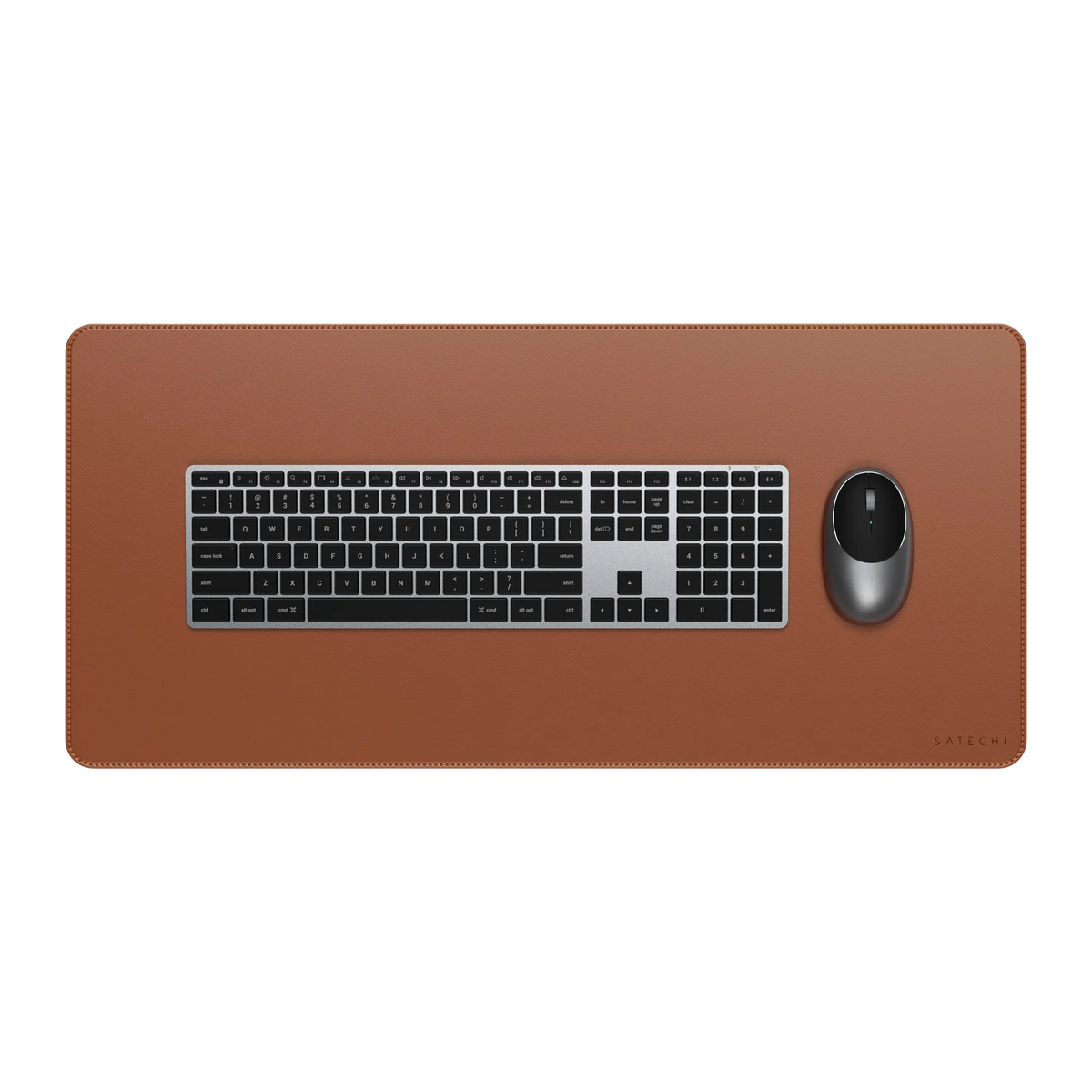 Satechi Vegan-Leather Premium Desk Mat in Brown with a keyboard and mouse, top view