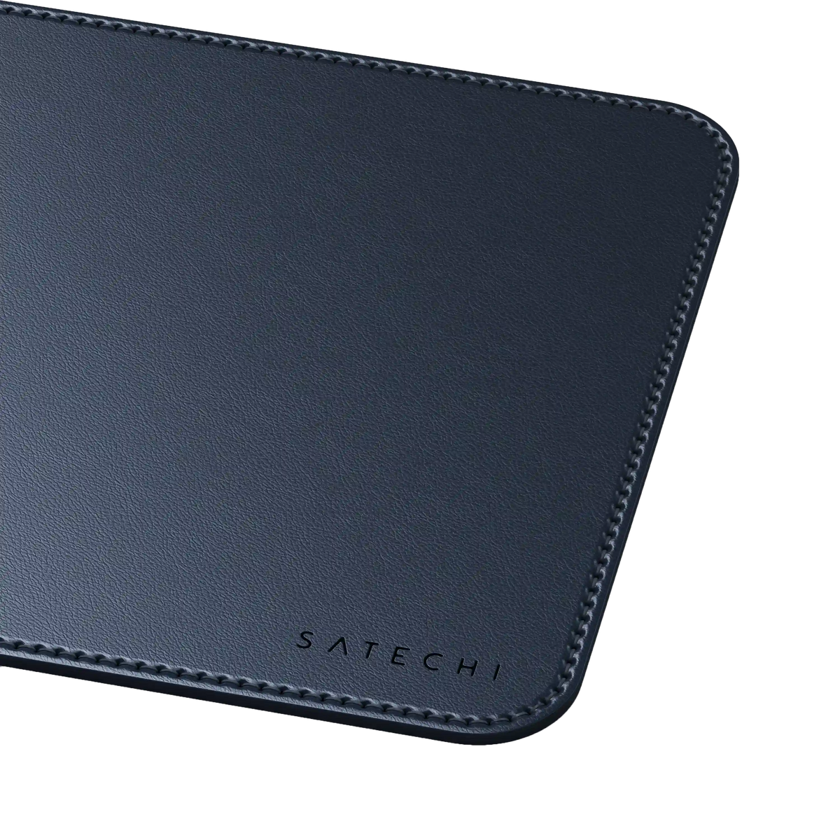 Vegan-Leather Premium Mouse Pad in Blue, corner close up with Satechi logo