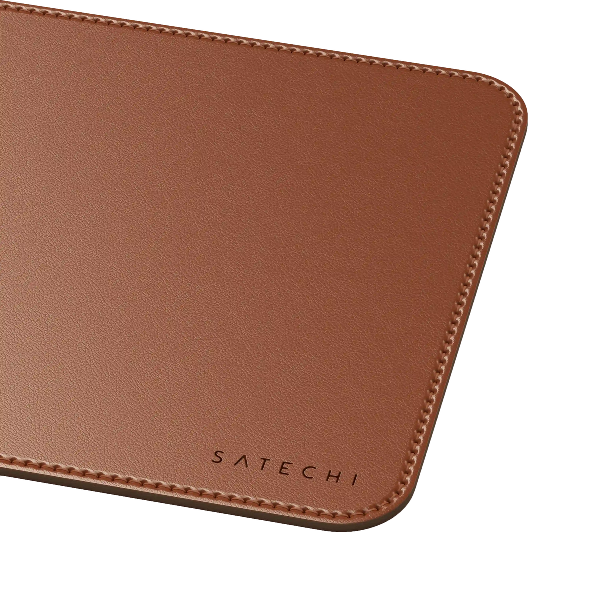 Vegan-Leather Premium Mouse Pad in Brown, corner close up with Satechi logo