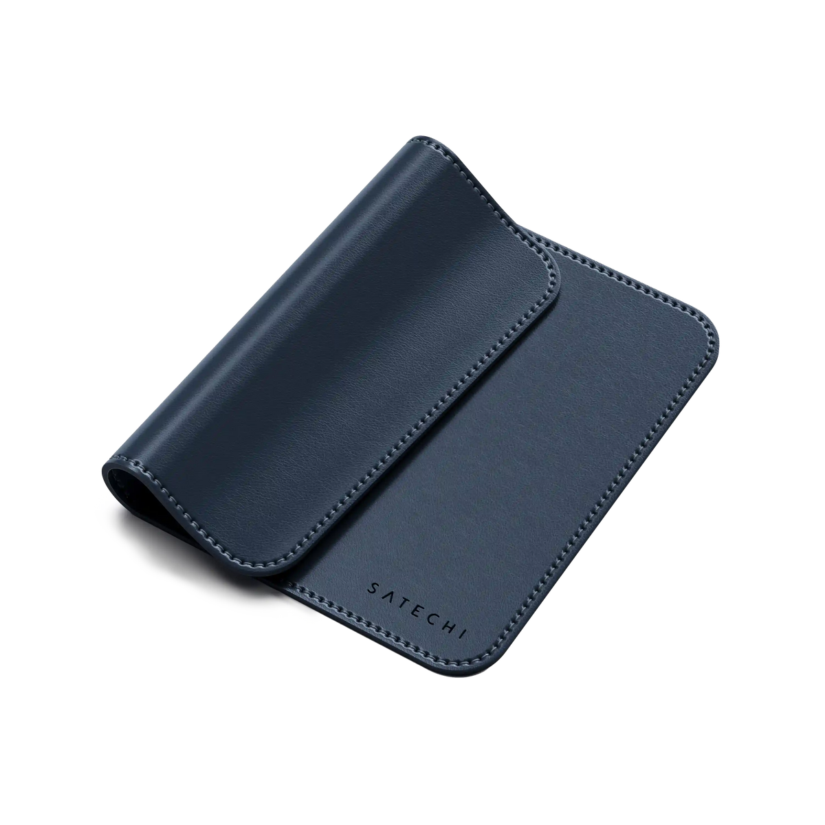 Vegan-Leather Premium Mouse Pad in Blue, folded to show flexibility