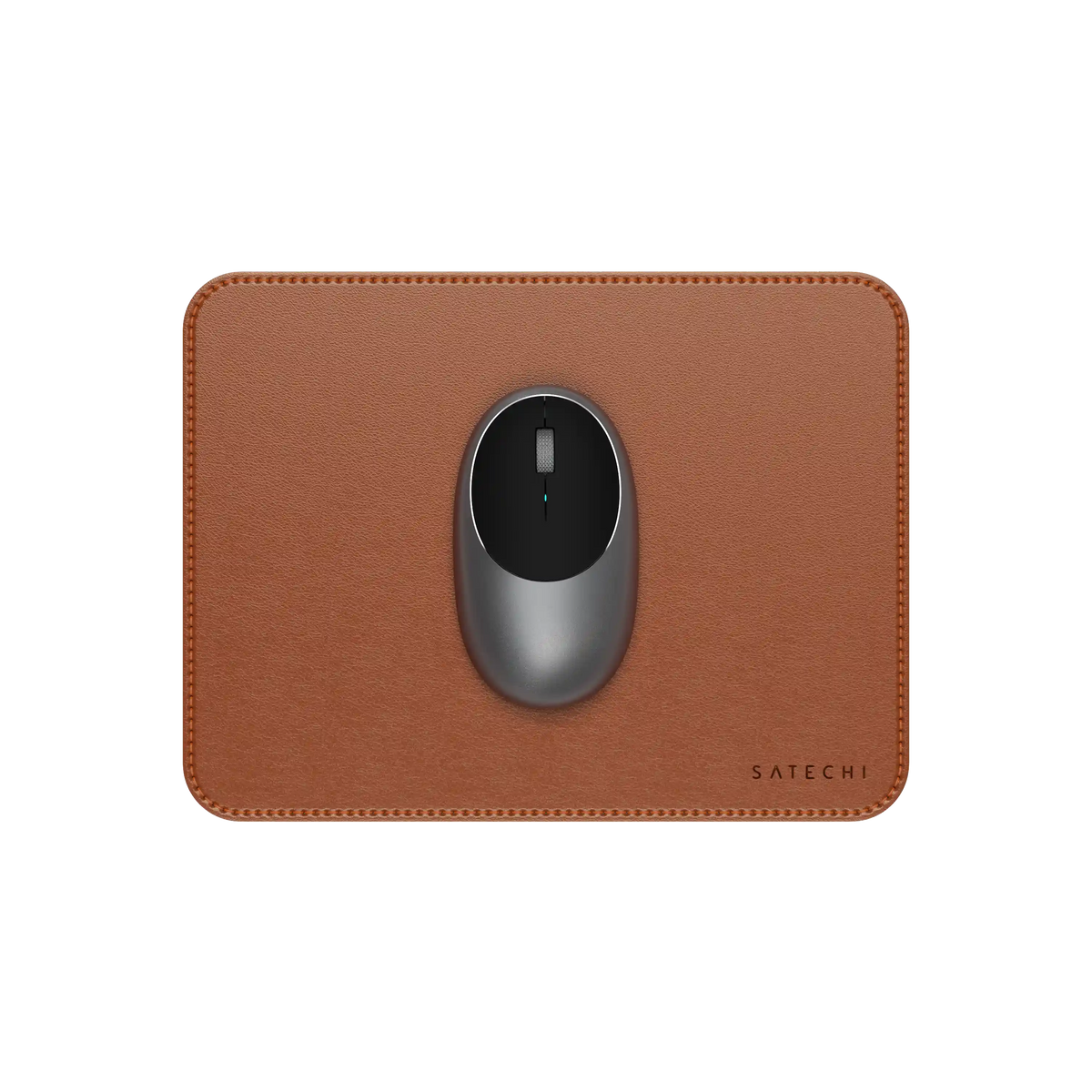 Satechi Vegan-Leather Premium Mouse Pad in Brown with a mouse, top view