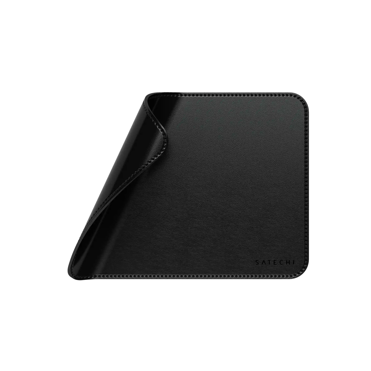 Vegan-Leather Premium Mouse Pad in Black with corner curled up