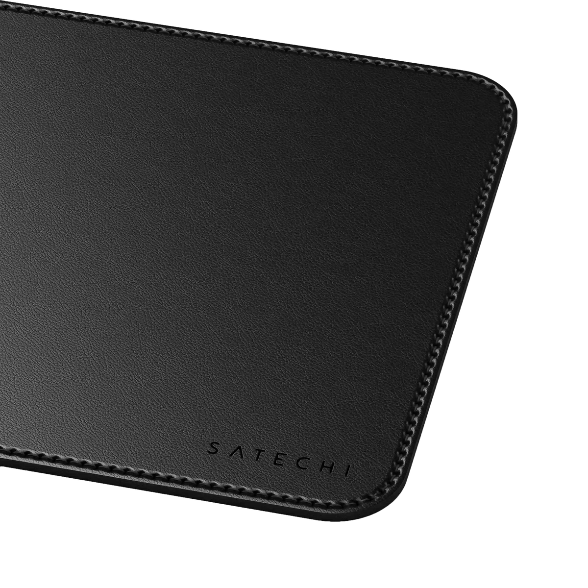 Vegan-Leather Premium Mouse Pad in Black, corner close up with Satechi logo