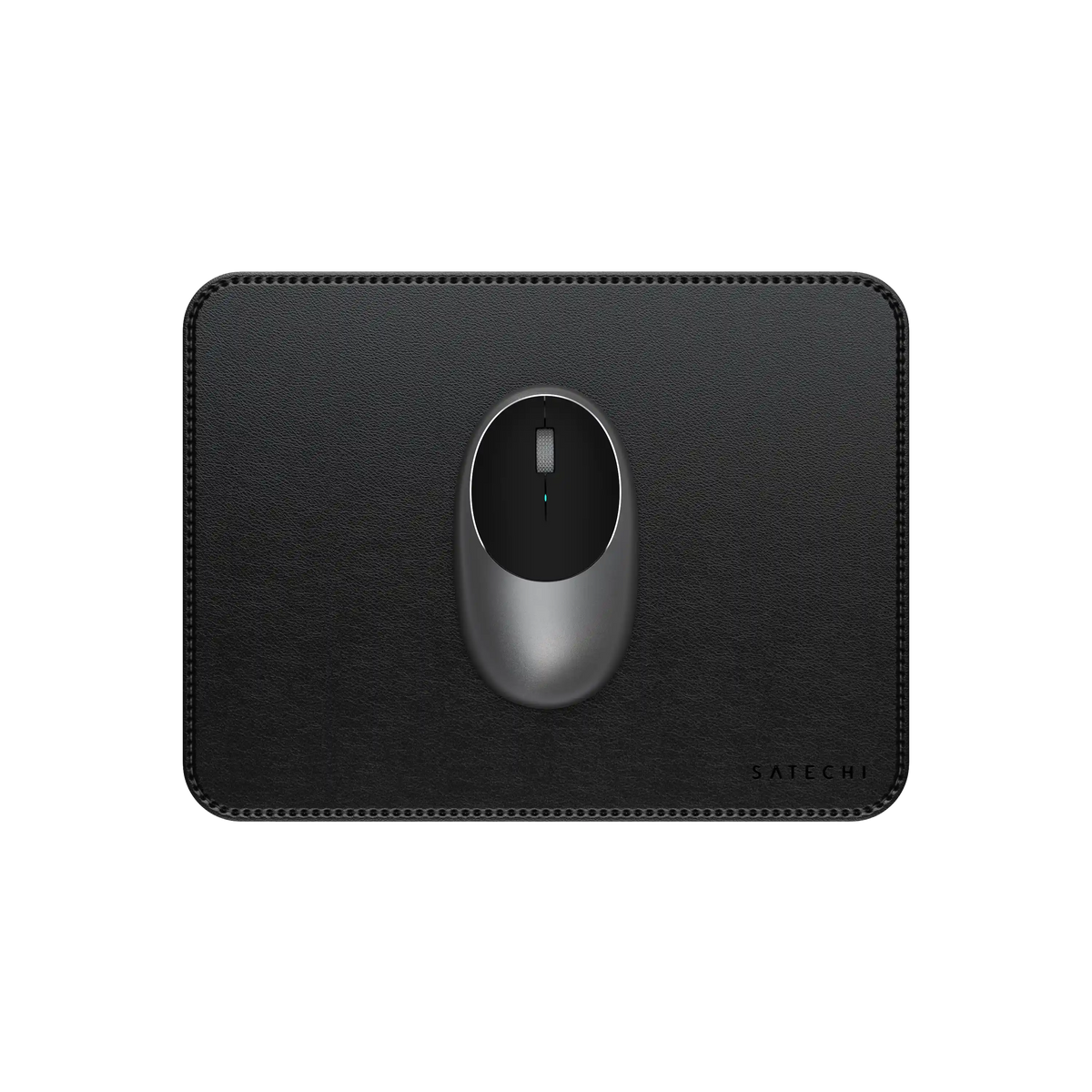Satechi Vegan-Leather Premium Mouse Pad in Black with a mouse, top view